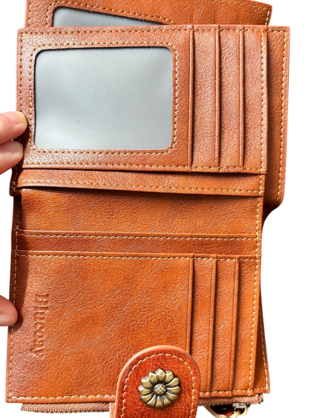 Brown Leather Wallet with Snap Flower Accent, oversized card storage - Picture 3 of 9